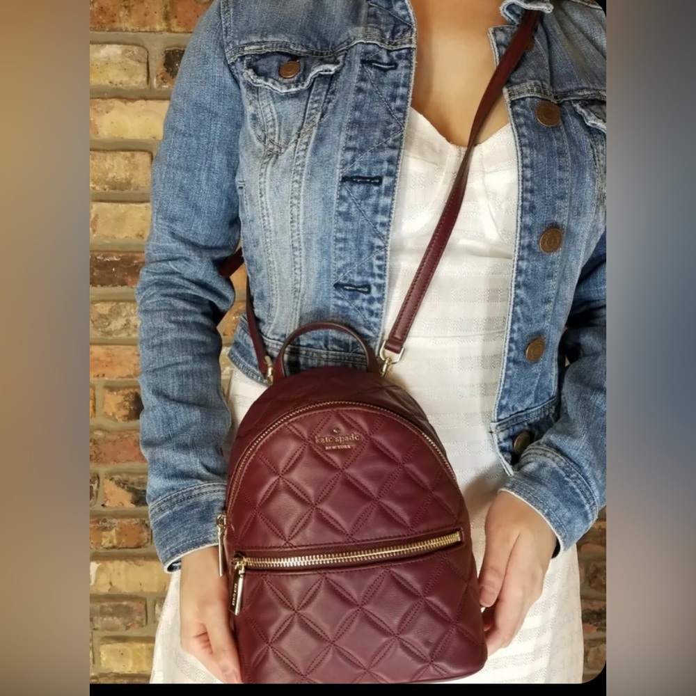 ♠️Kate Spade Natalia Mini Convertible Backpack Cherry Wood Crossbody Quilted - Picture 5 of 15